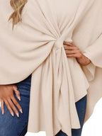 Solid Color Tie-Front Knit Cape Top.