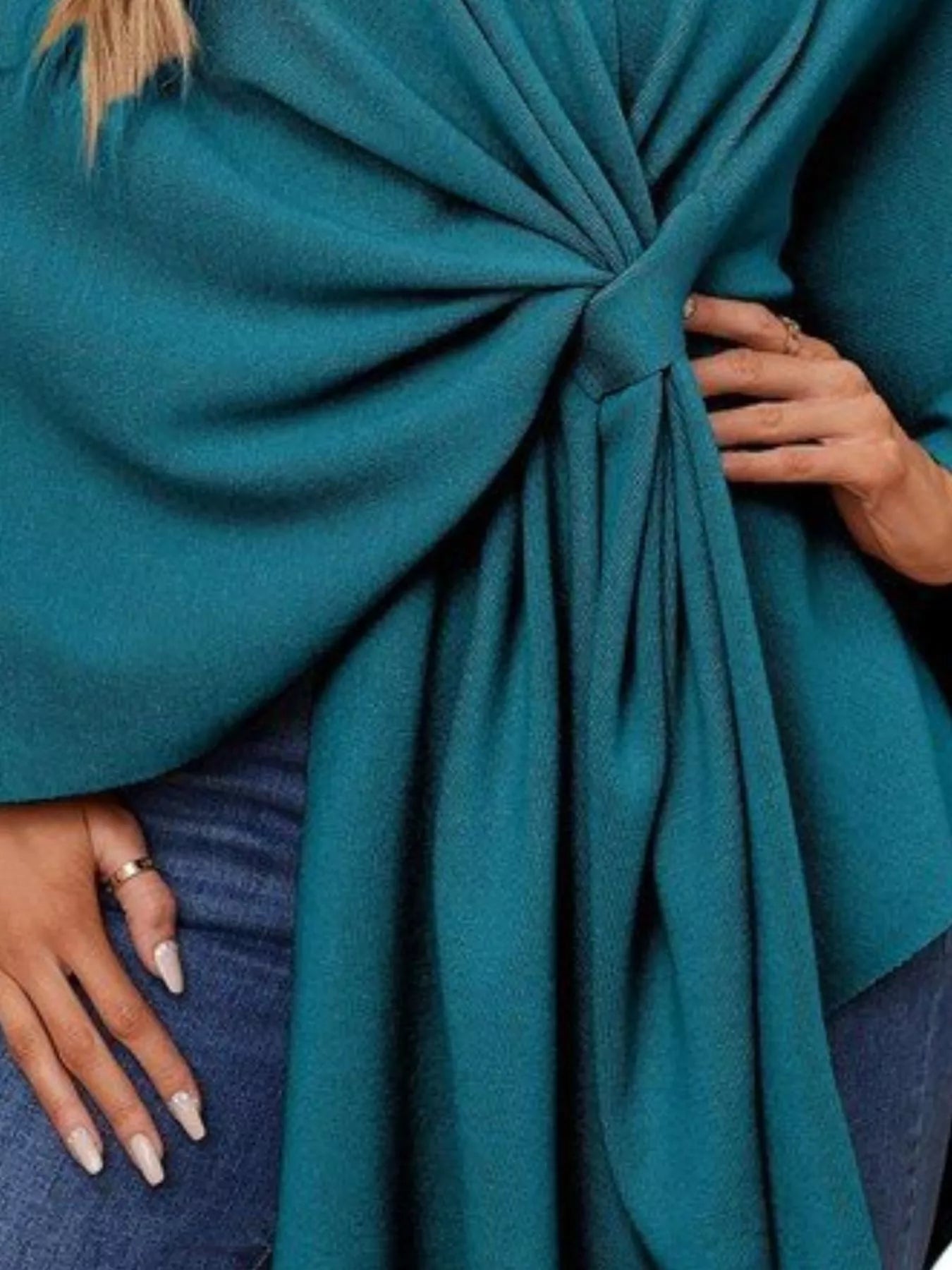 Solid Color Tie-Front Knit Cape Top.