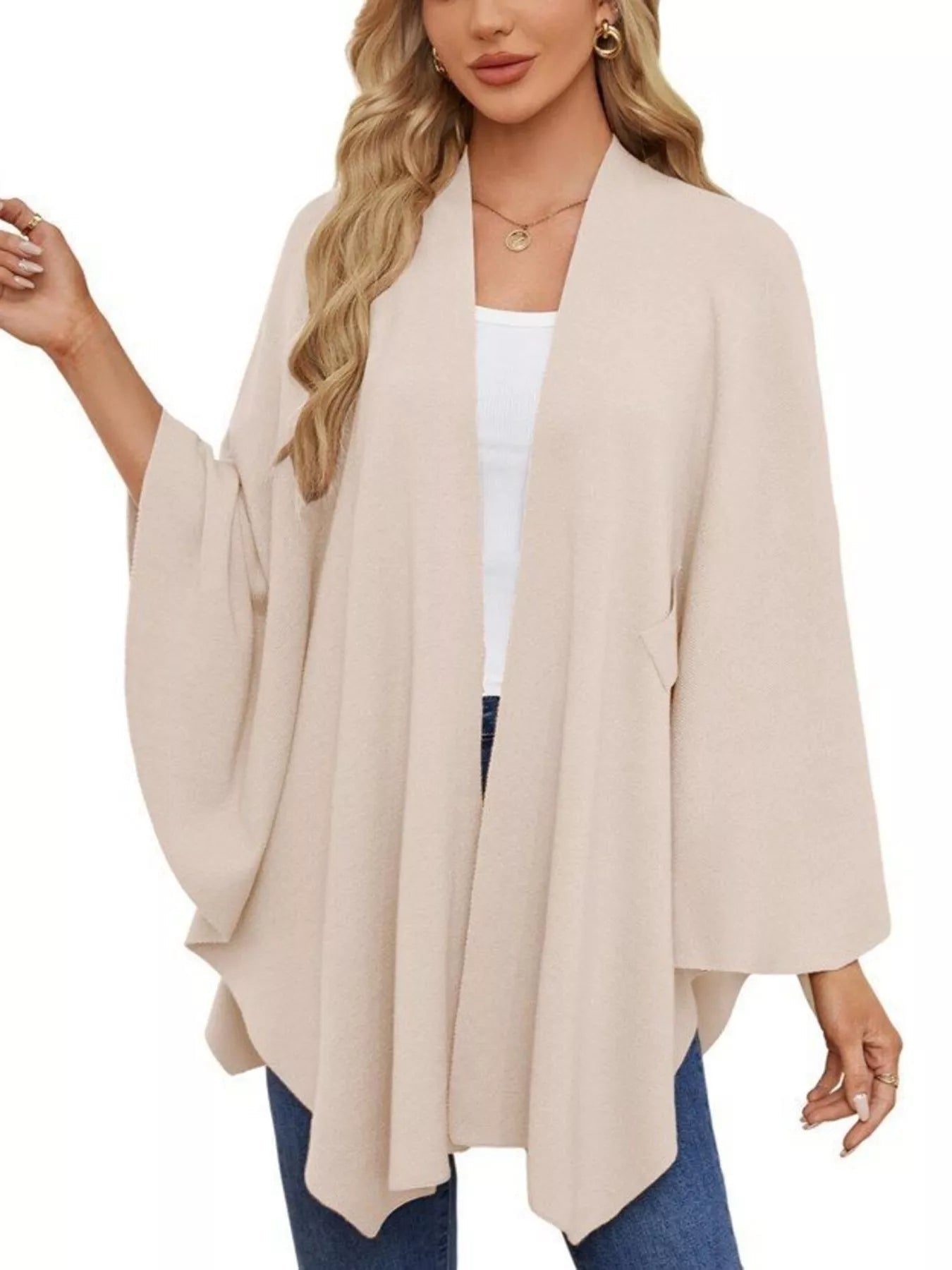 Solid Color Tie-Front Knit Cape Top.