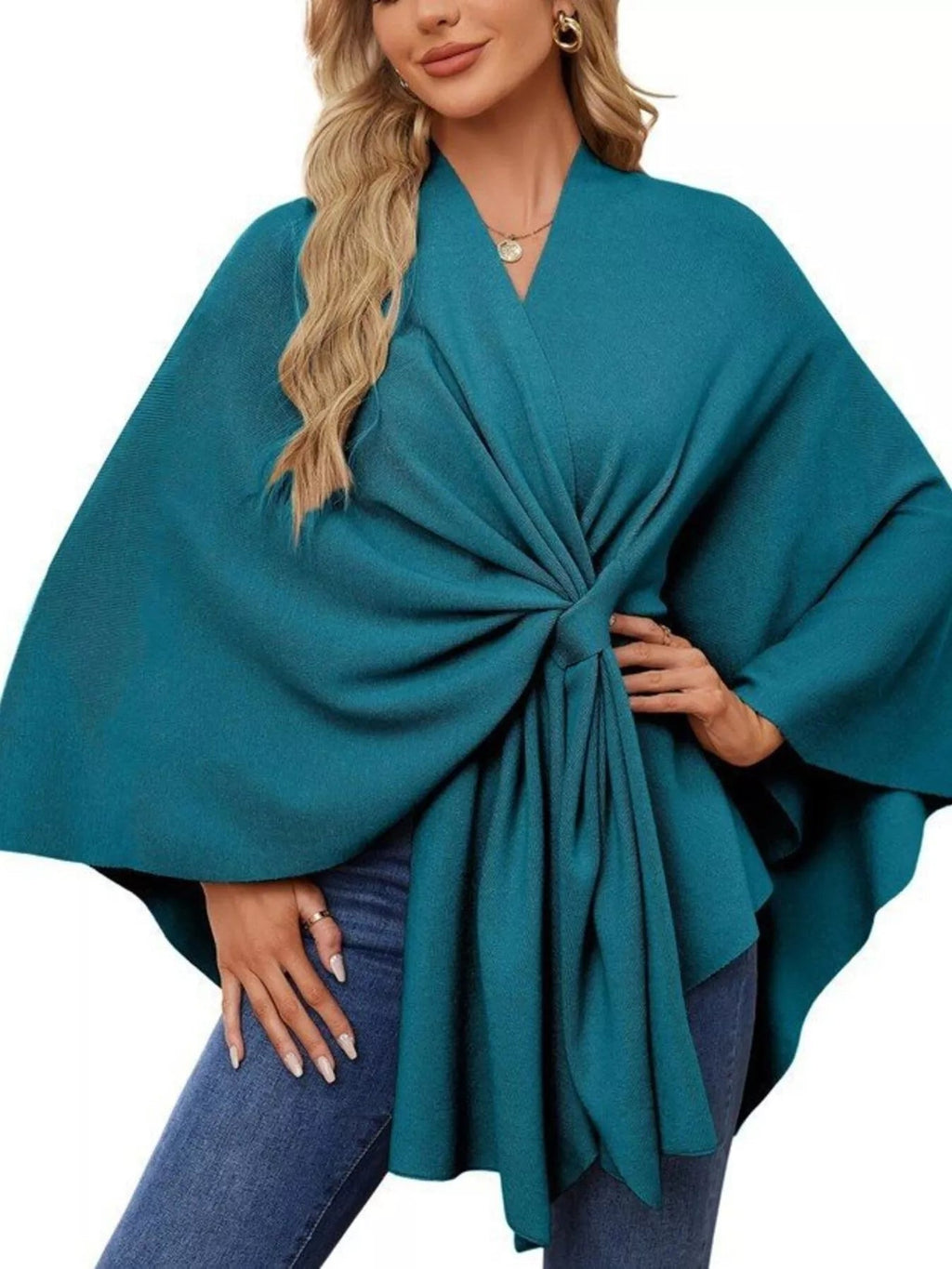 Solid Color Tie-Front Knit Cape Top.