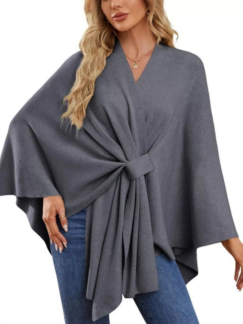 Solid Color Tie-Front Knit Cape Top.