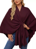 Solid Color Tie-Front Knit Cape Top.