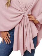 Solid Color Tie-Front Knit Cape Top.