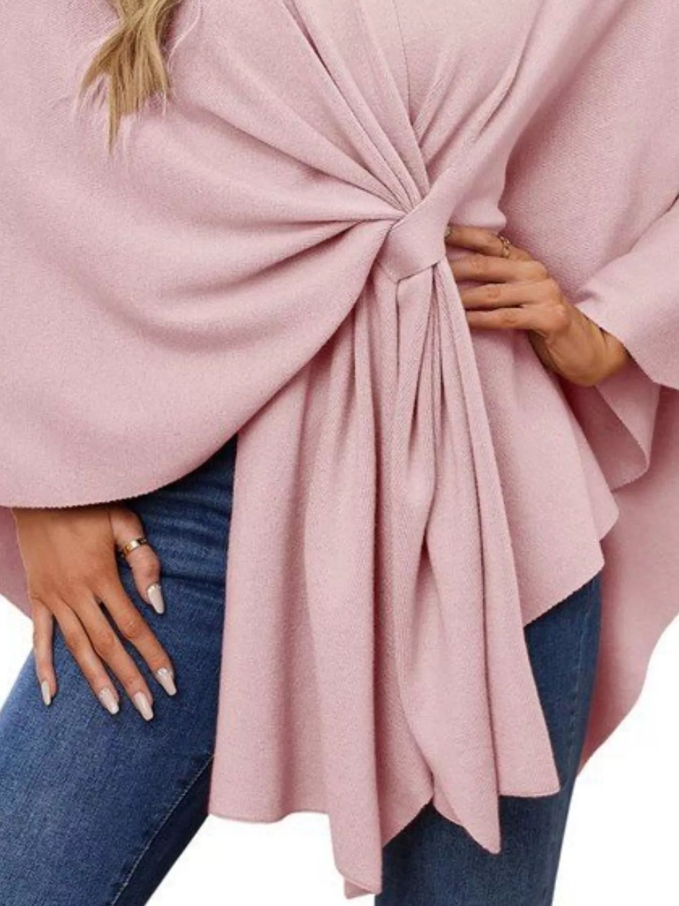 Solid Color Tie-Front Knit Cape Top.