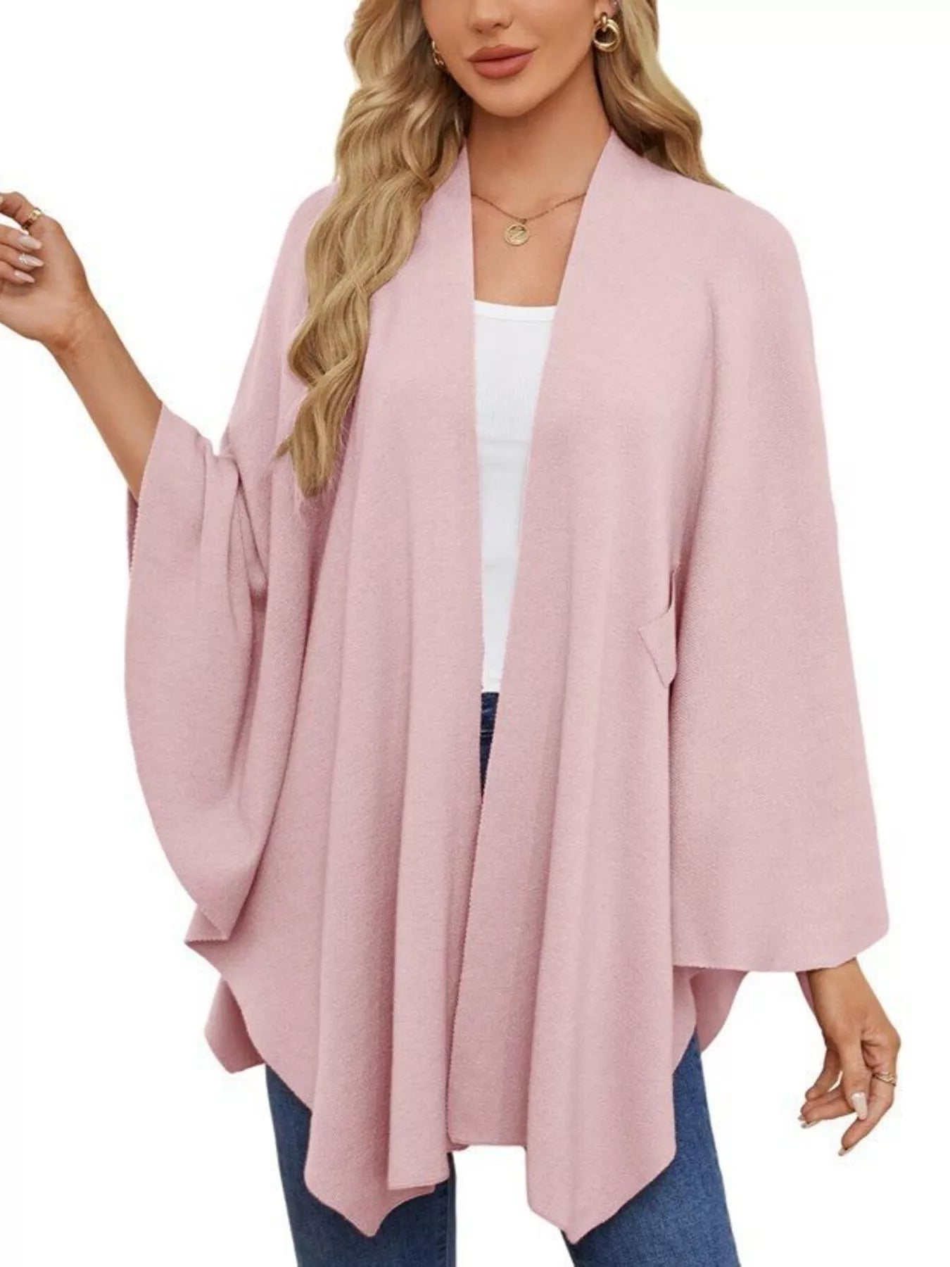 Solid Color Tie-Front Knit Cape Top.