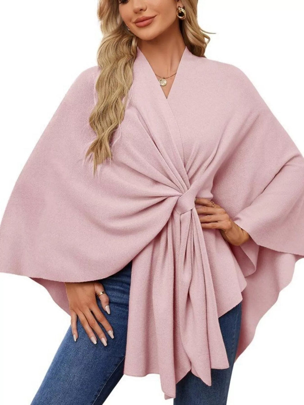 Solid Color Tie-Front Knit Cape Top.
