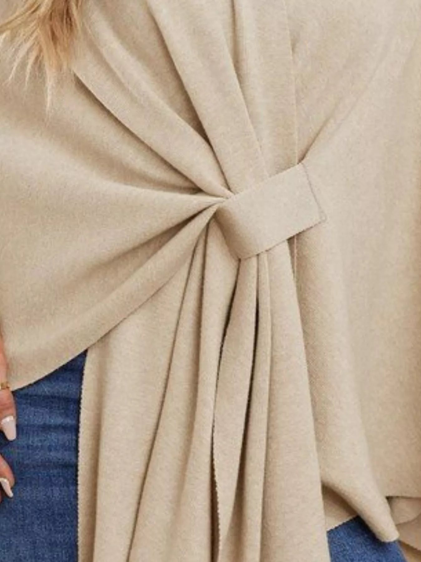 Solid Color Tie-Front Knit Cape Top.