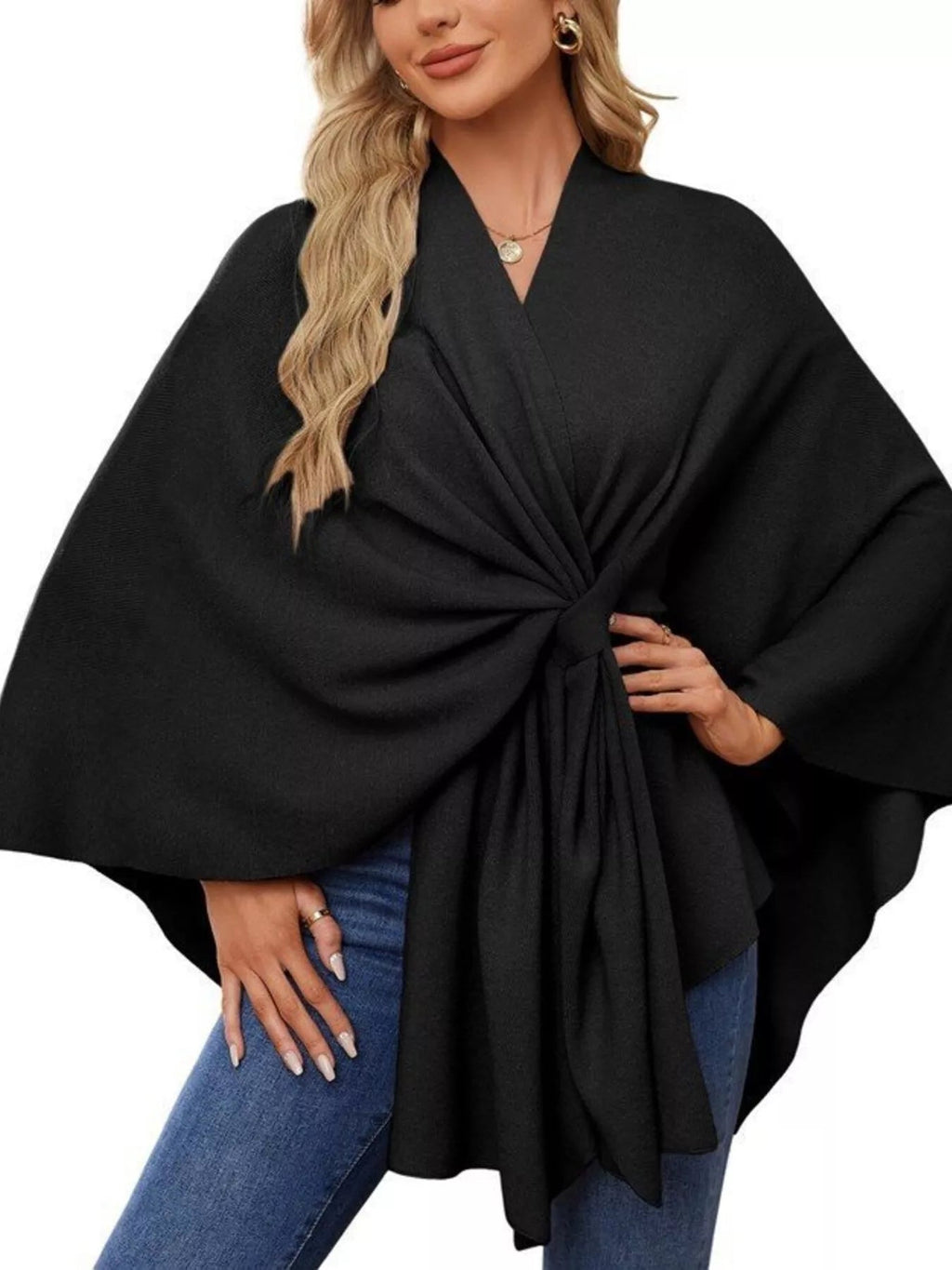 Solid Color Tie - Front Knit Cape Top