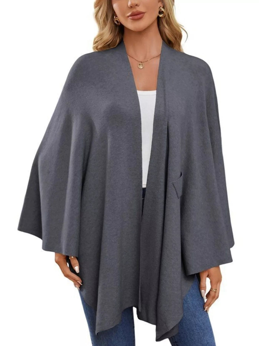 Solid Color Tie-Front Knit Cape Top.