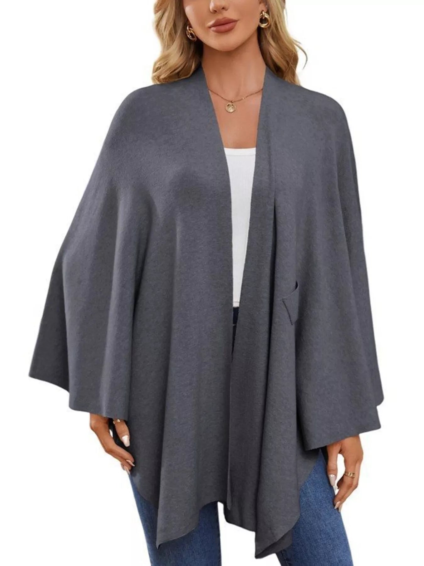 Solid Color Tie-Front Knit Cape Top.