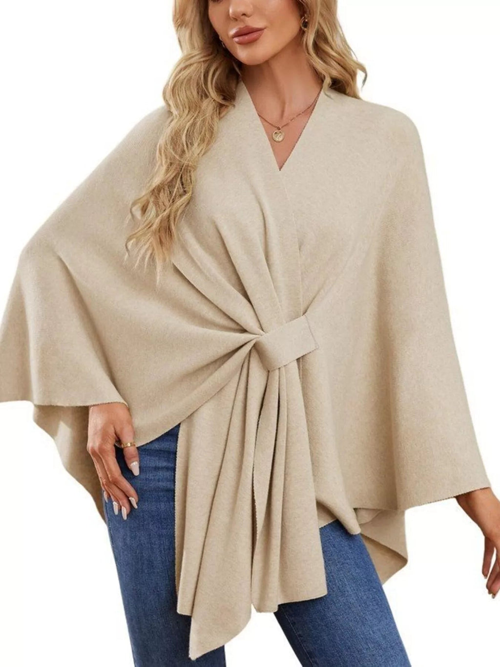 Solid Color Tie-Front Knit Cape Top.