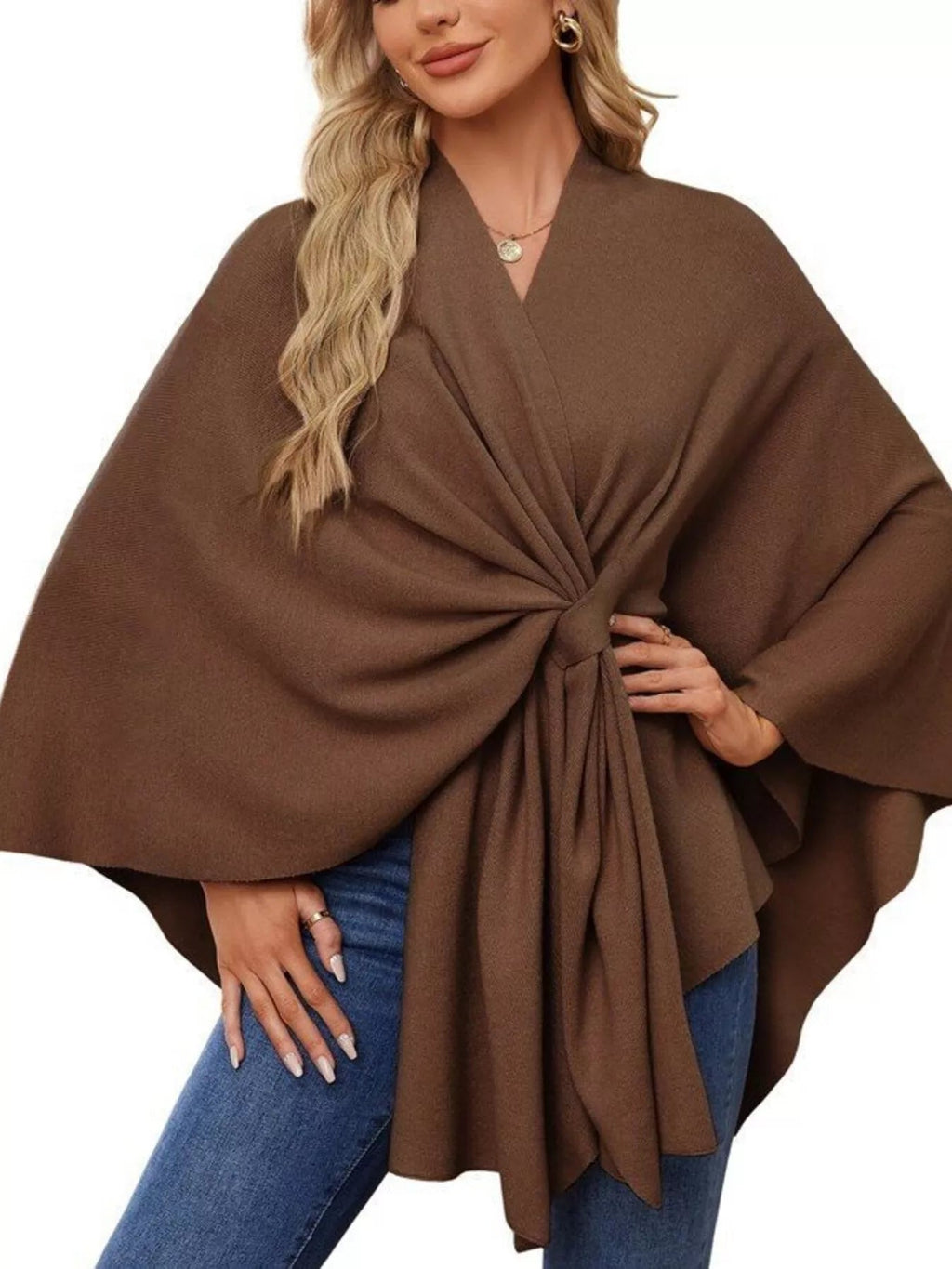 Solid Color Tie - Front Knit Cape Top