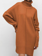 Solid Color Turtleneck Drop Shoulder Loose Sweater Dress.