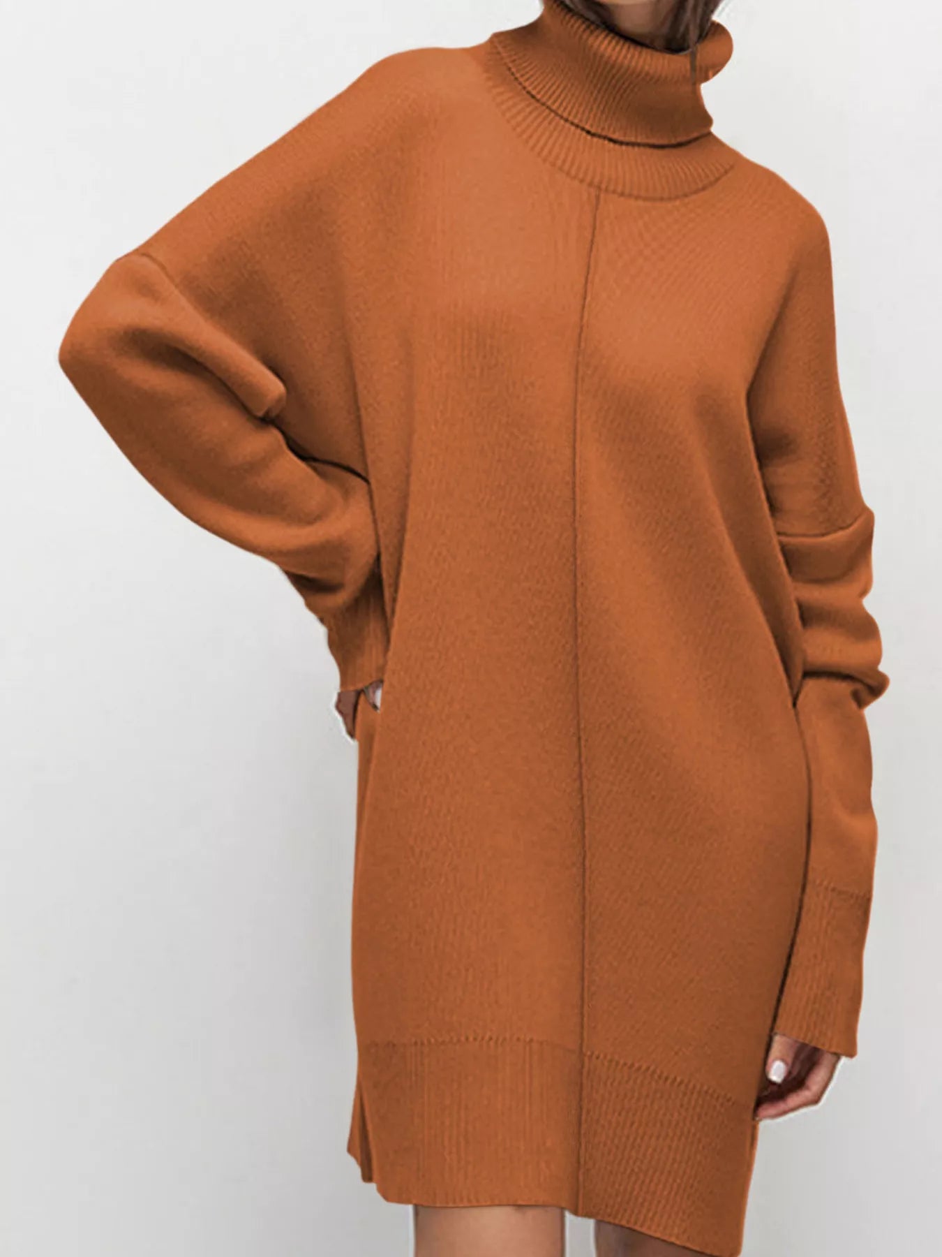 Solid Color Turtleneck Drop Shoulder Loose Sweater Dress.