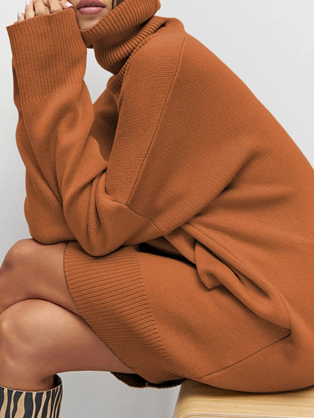 Solid Color Turtleneck Drop Shoulder Loose Sweater Dress.