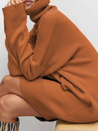 Solid Color Turtleneck Drop Shoulder Loose Sweater Dress.