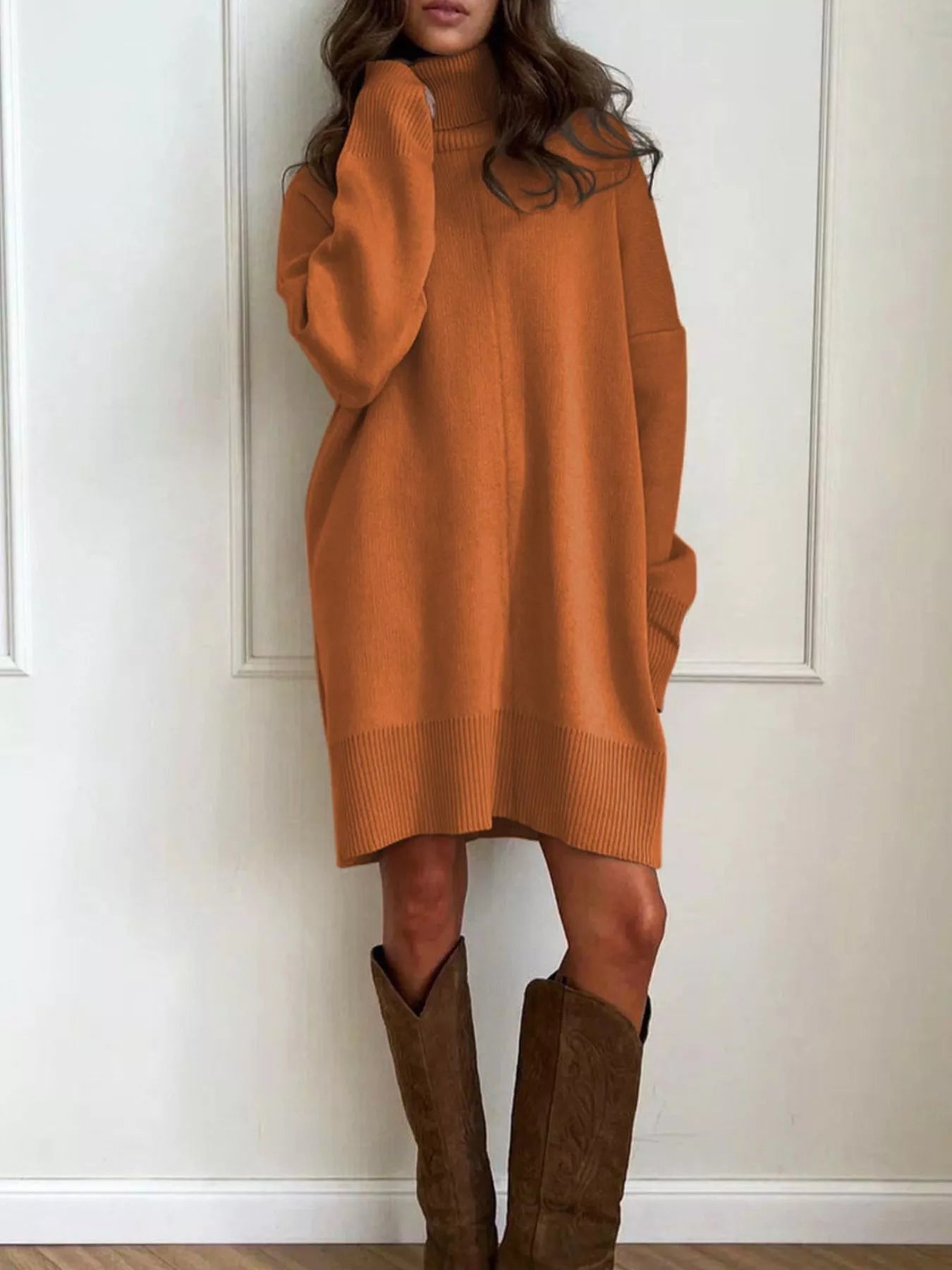 Solid Color Turtleneck Drop Shoulder Loose Sweater Dress.