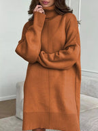 Solid Color Turtleneck Drop Shoulder Loose Sweater Dress.