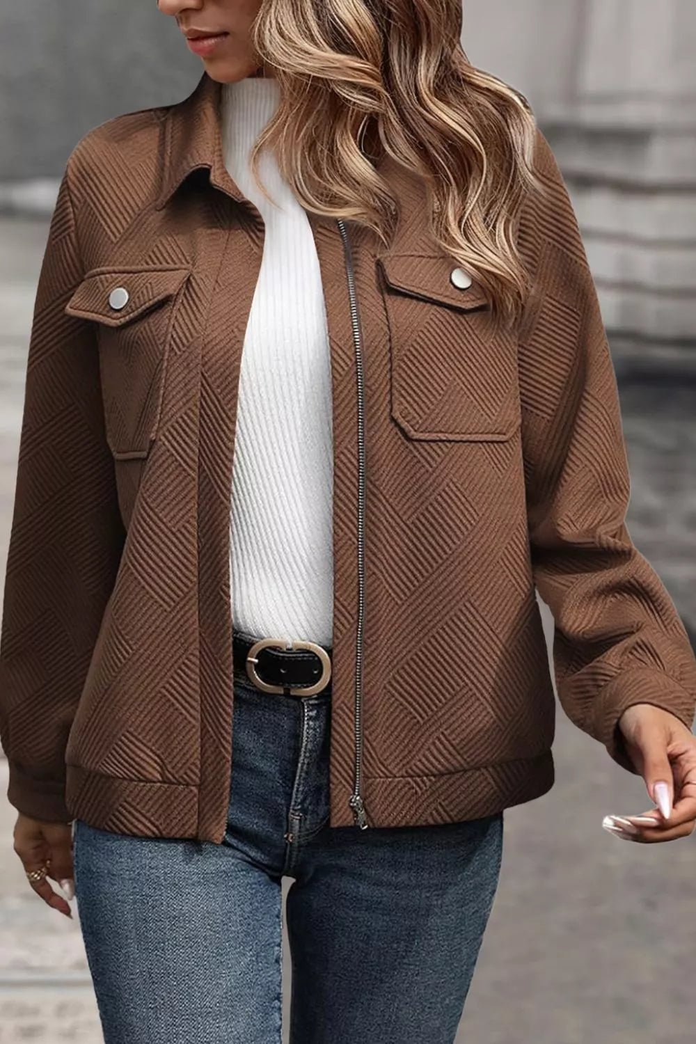 Solid Color Zip Up Button Flap Pocket Jackets.