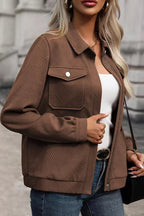 Solid Color Zip Up Button Flap Pocket Jackets.