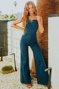 Spaghetti Strap Wide Leg Denim Jumpsuit.
