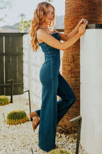 Spaghetti Strap Wide Leg Denim Jumpsuit.