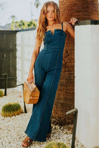 Spaghetti Strap Wide Leg Denim Jumpsuit.