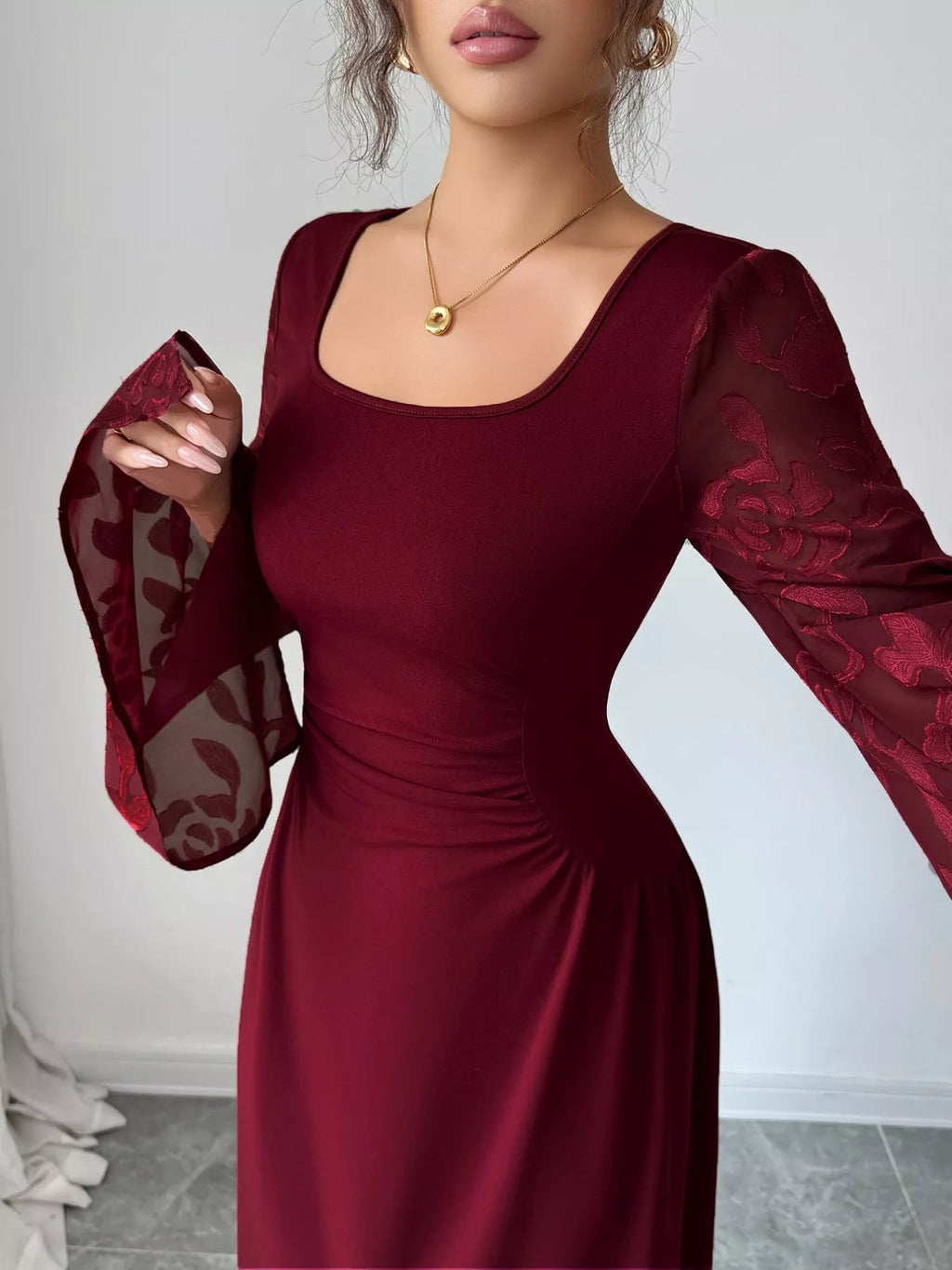 Square Neck Flare Sleeve Midi Dress.