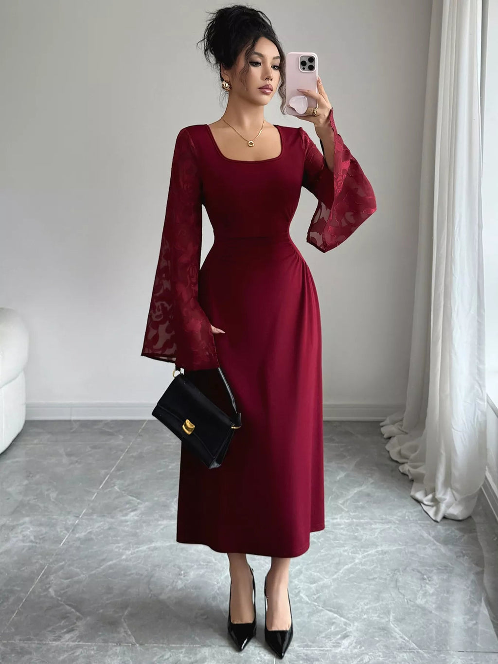 Square Neck Flare Sleeve Midi Dress.