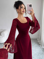 Square Neck Flare Sleeve Midi Dress.