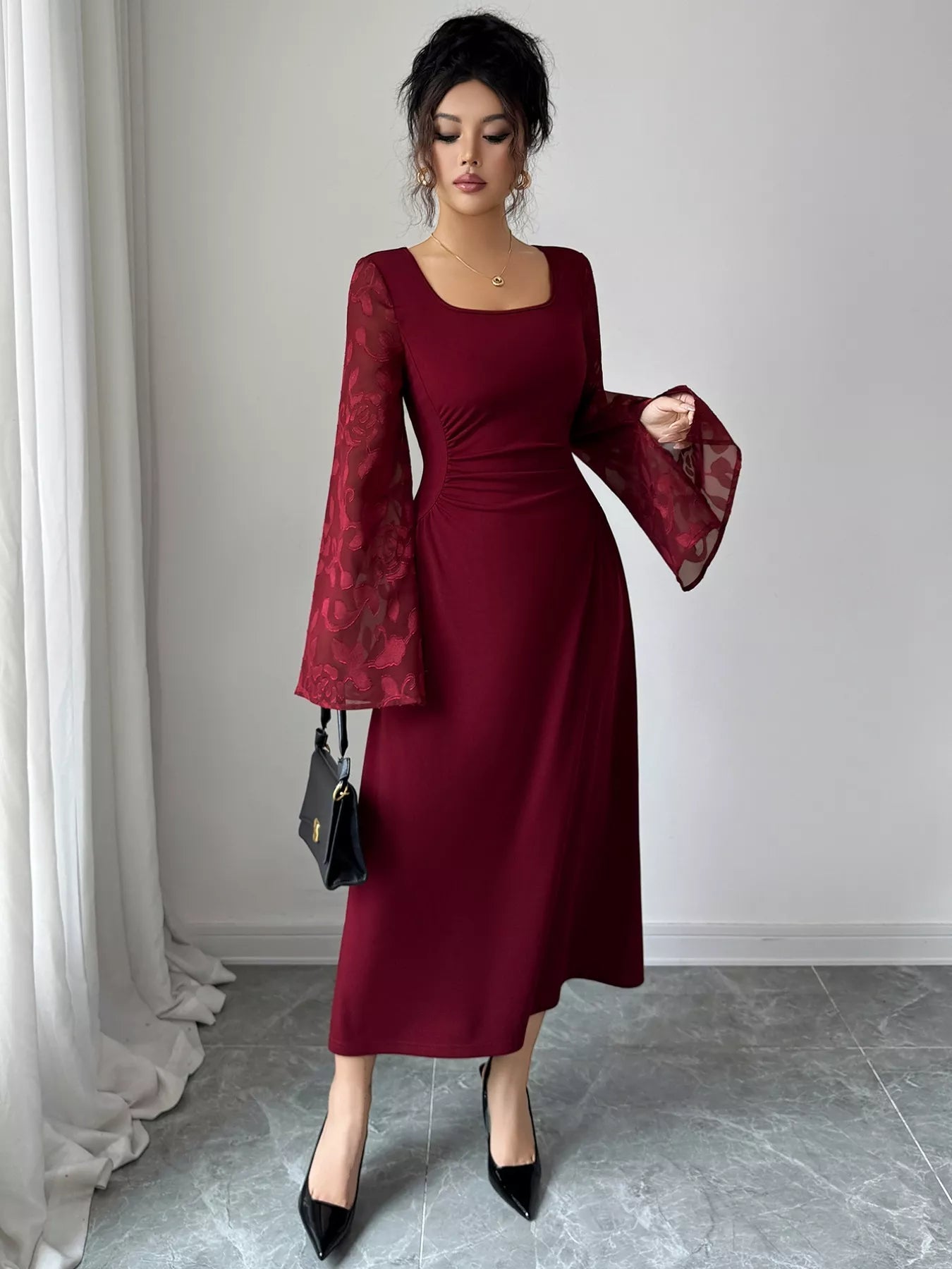Square Neck Flare Sleeve Midi Dress.