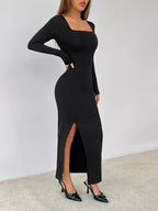 Square Neck Long Sleeve Slit Bodycon Maxi Dress.