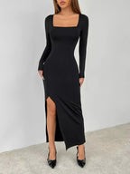 Square Neck Long Sleeve Slit Bodycon Maxi Dress.