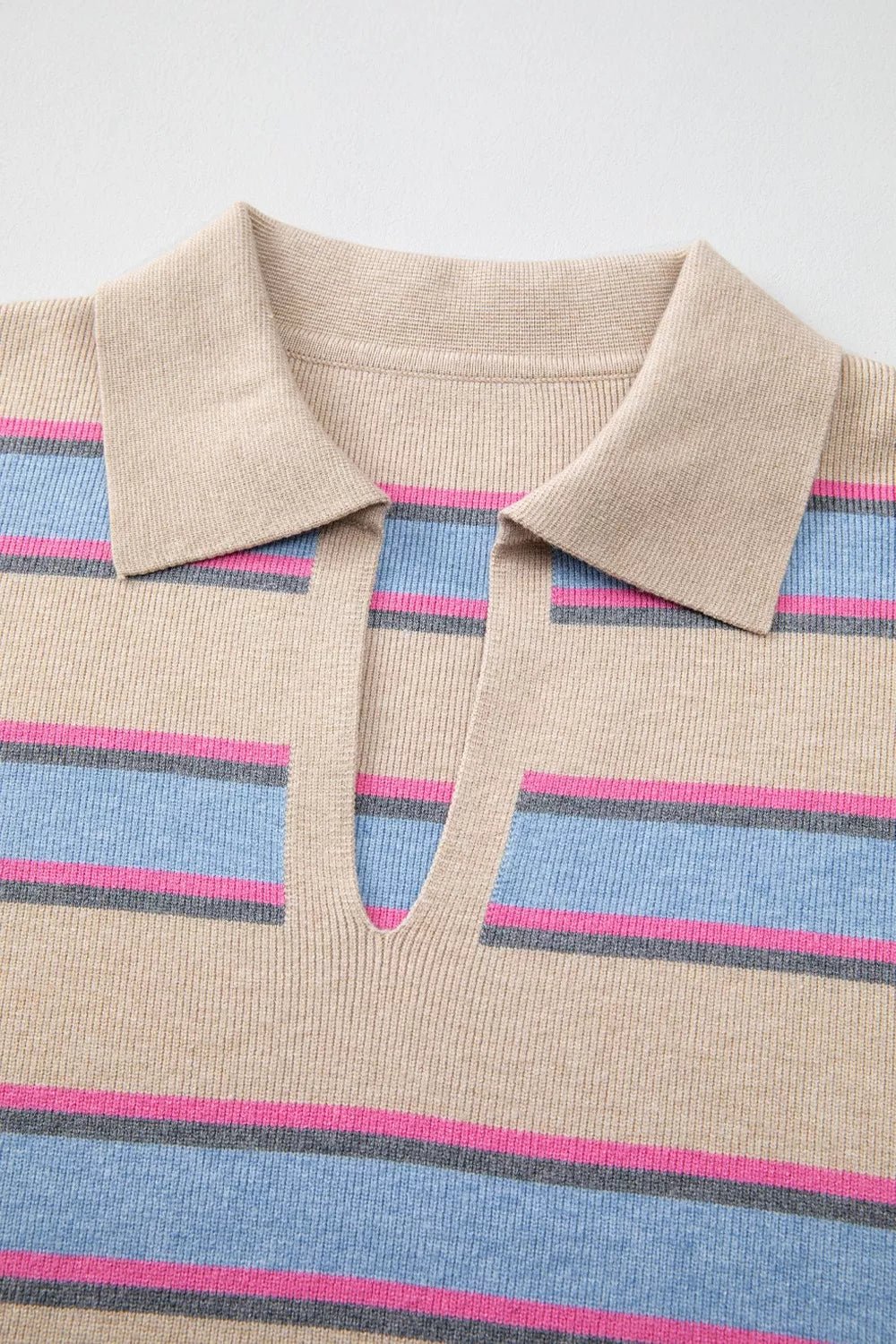 Striped Color Block Johnny Collar Sweater.
