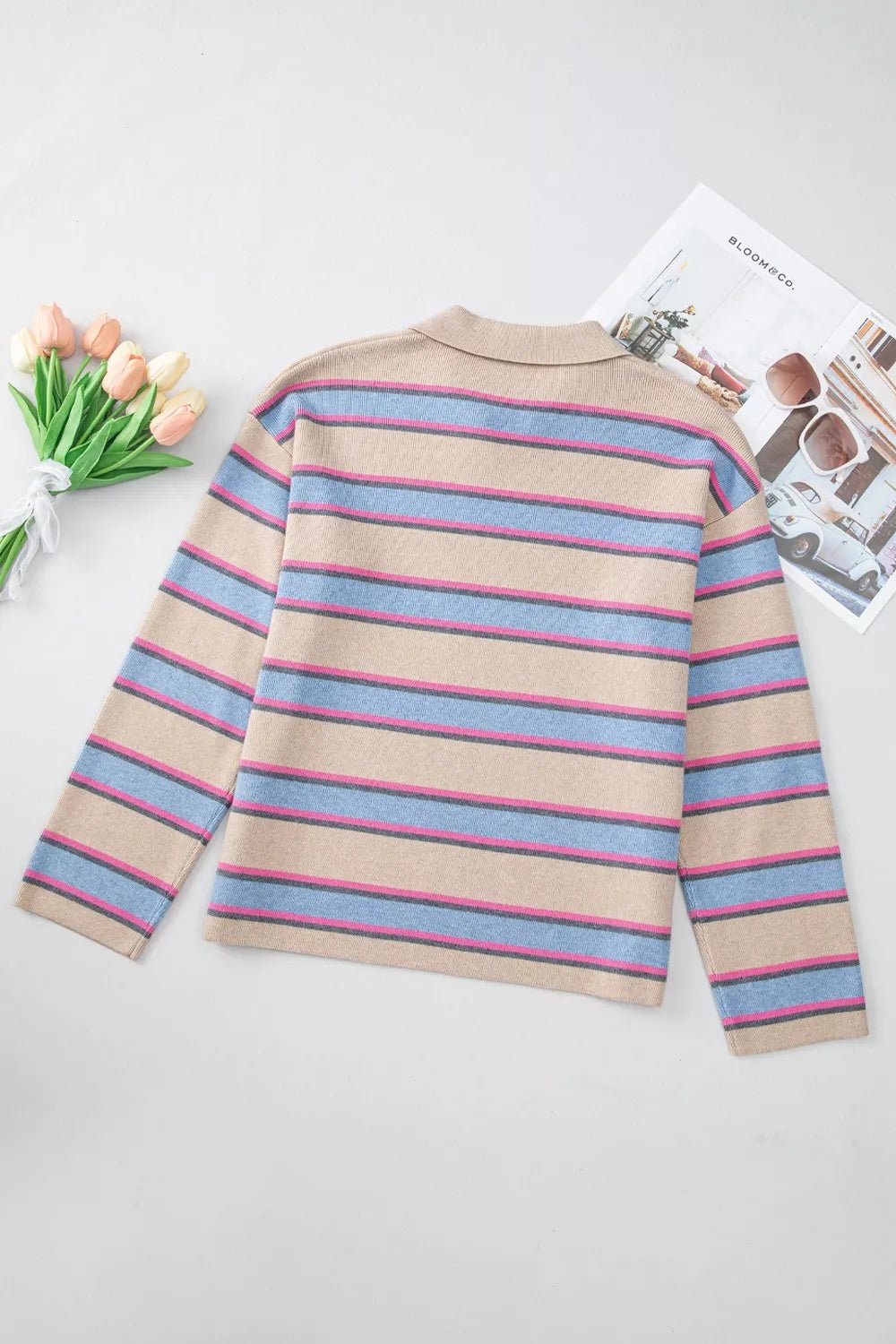 Striped Color Block Johnny Collar Sweater.