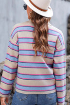 Striped Color Block Johnny Collar Sweater.