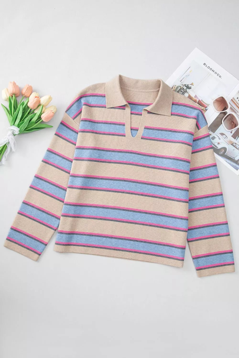 Striped Color Block Johnny Collar Sweater.