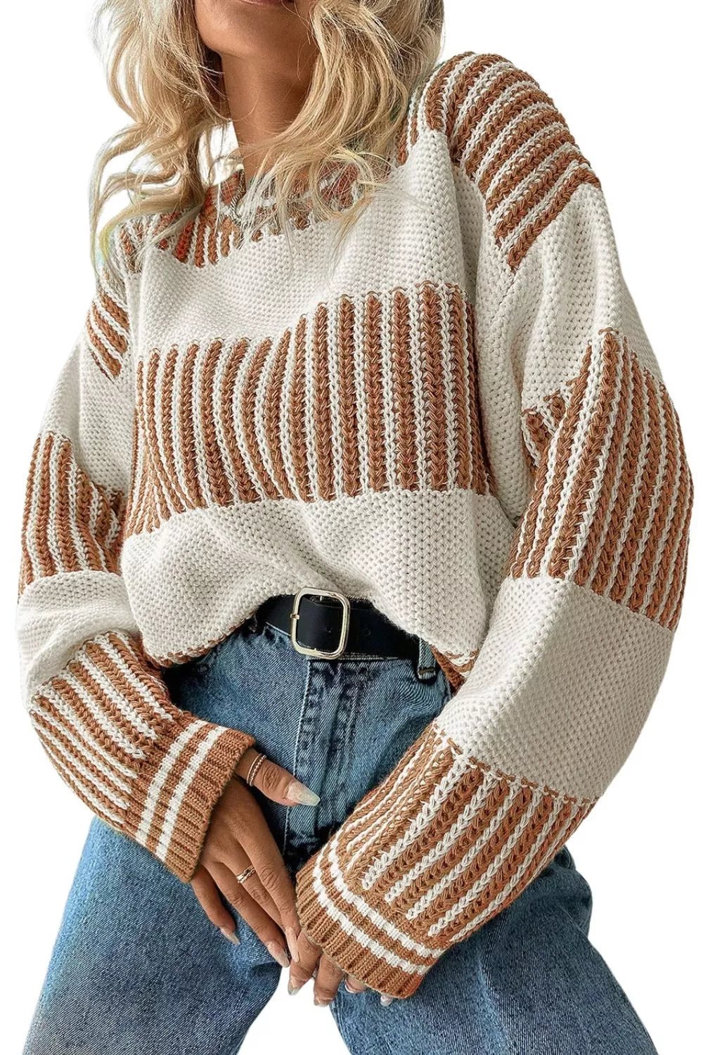 Striped Knit Long Sleeve Sweater.