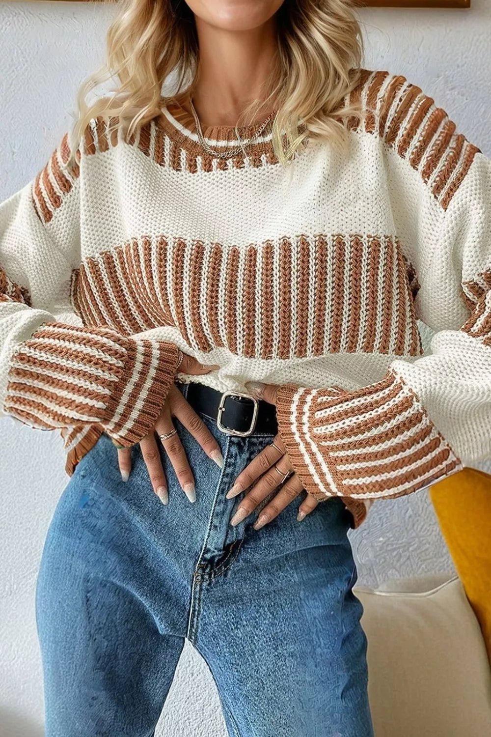 Striped Knit Long Sleeve Sweater.