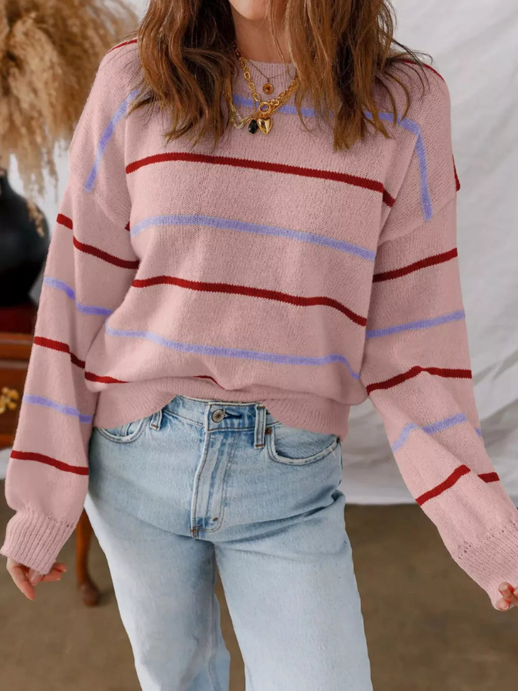 Striped Knit Round Neck Sweater.