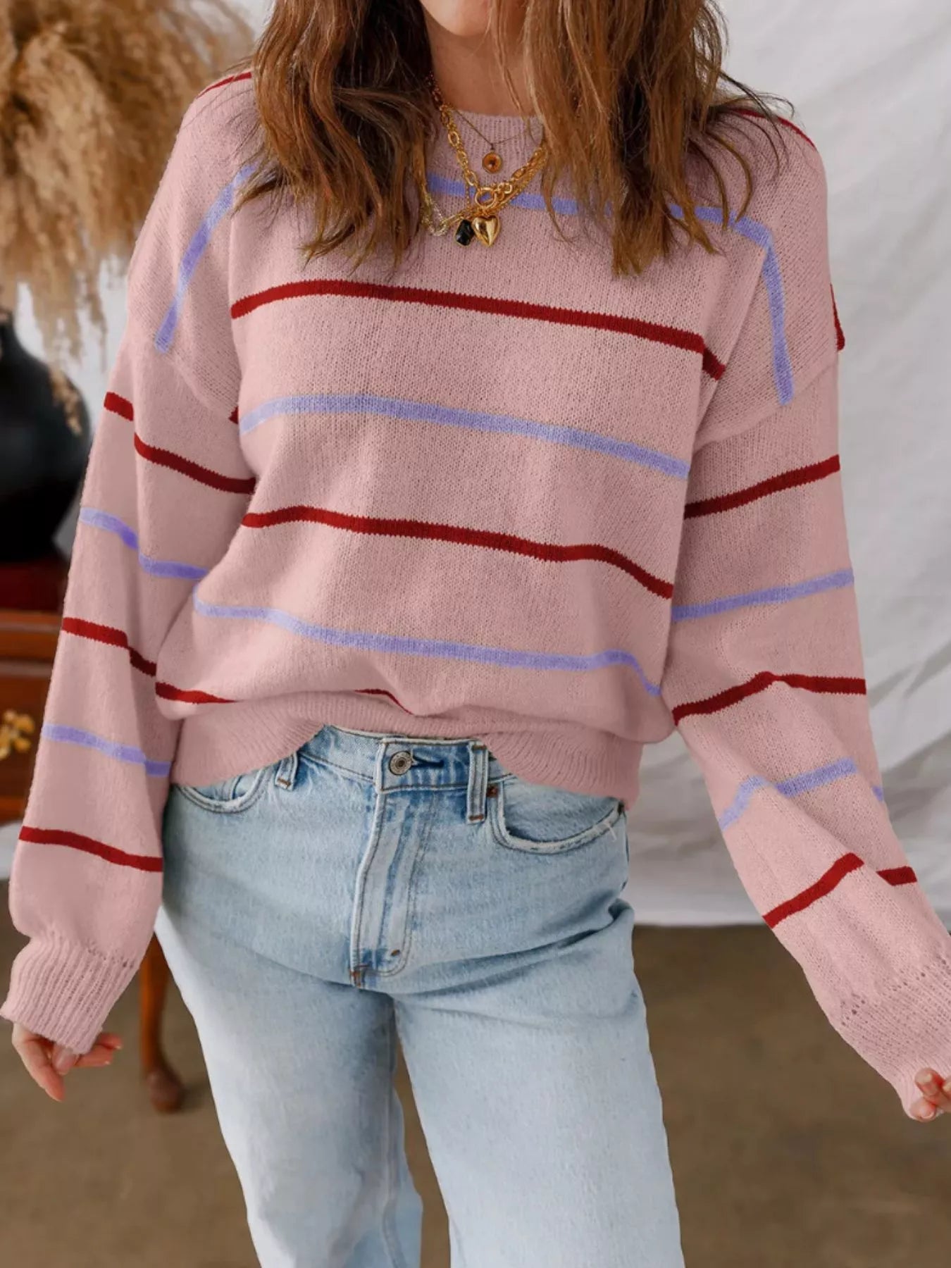 Striped Knit Round Neck Sweater.