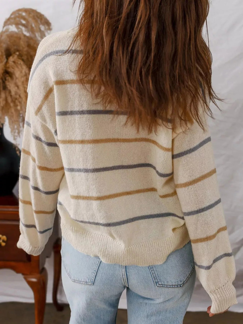 Striped Knit Round Neck Sweater.