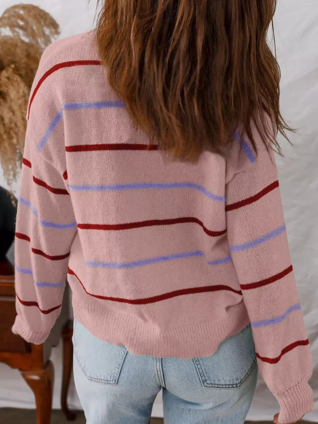 Striped Knit Round Neck Sweater.