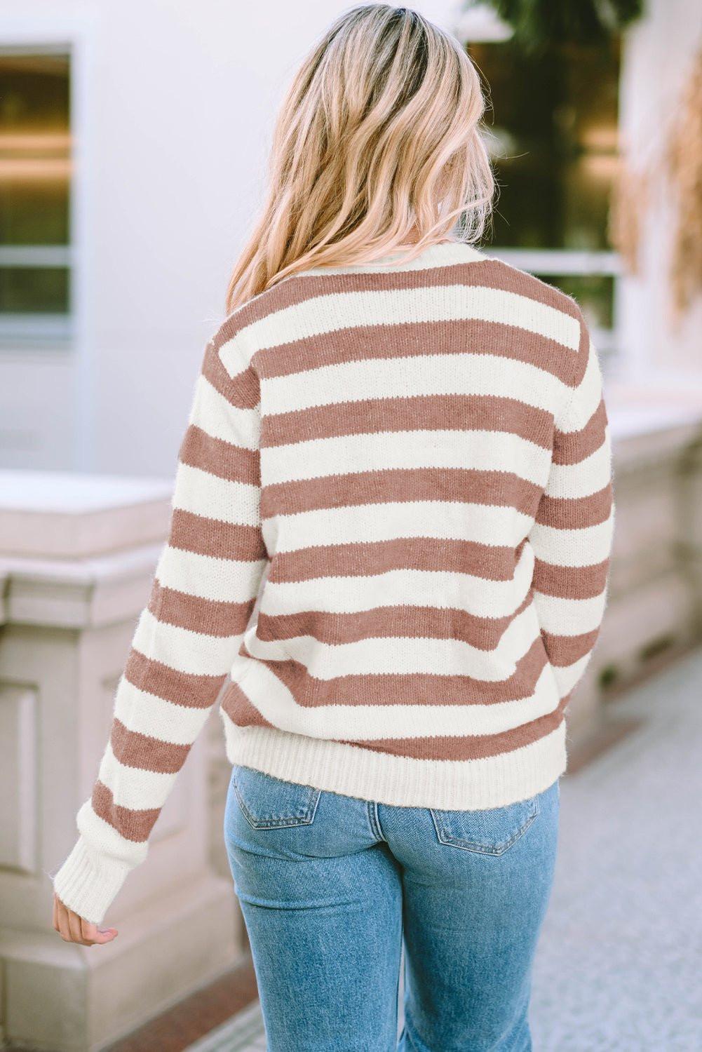 Striped Round Neck Long Sleeve Sweater.