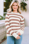 Striped Round Neck Long Sleeve Sweater.