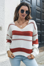 Striped V-Neck Drop Shoulder Sweater.