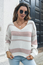 Striped V-Neck Drop Shoulder Sweater.