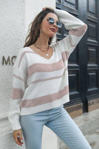 Striped V-Neck Drop Shoulder Sweater.