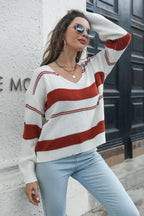 Striped V-Neck Drop Shoulder Sweater.
