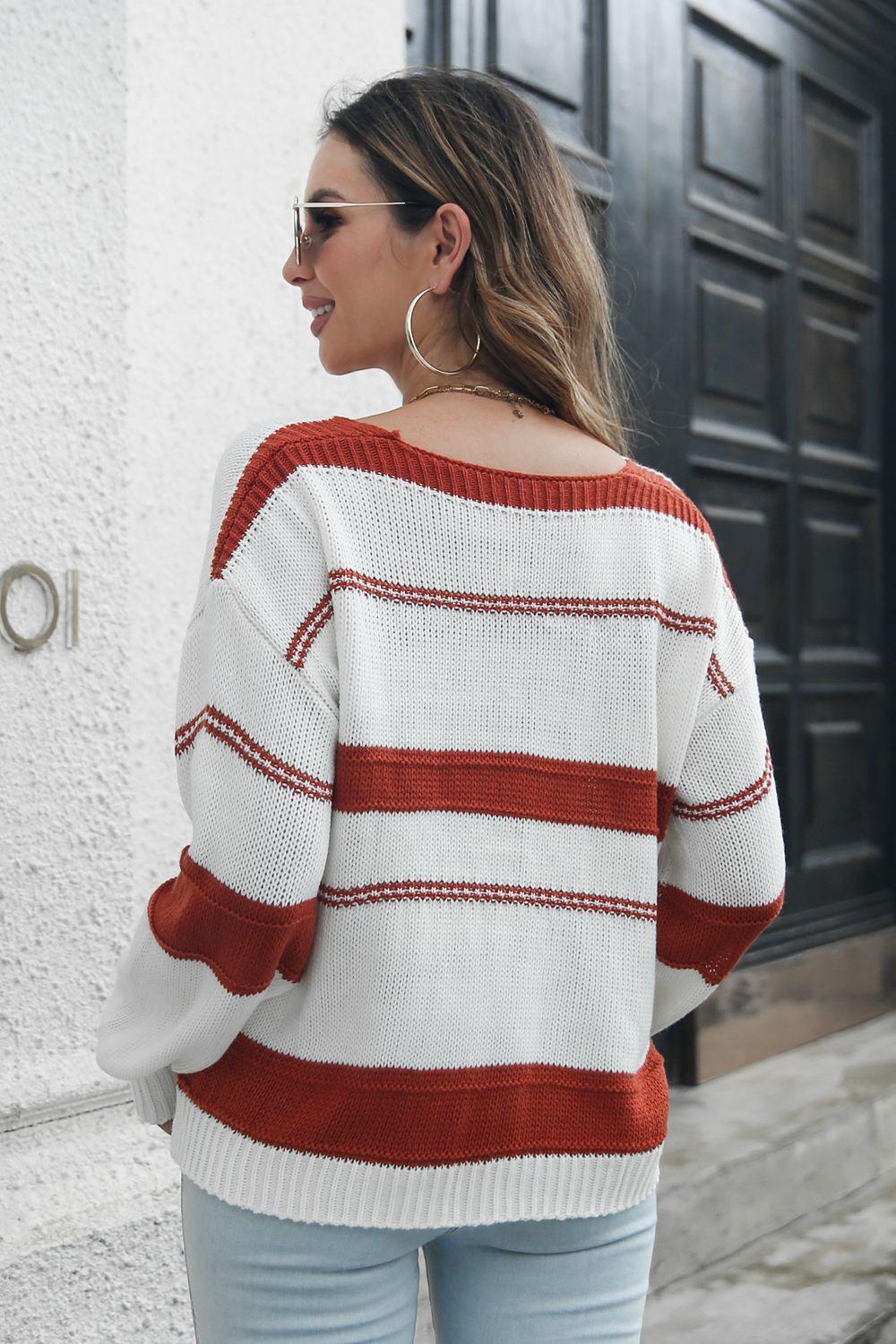 Striped V-Neck Drop Shoulder Sweater.